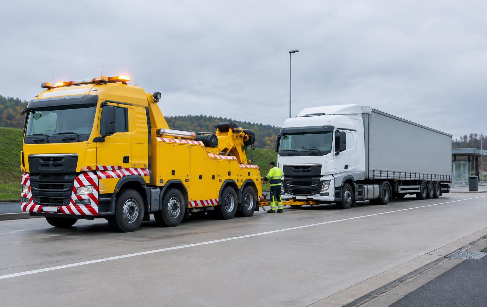 Camion pris en charge par une dépanneuse poids lourds